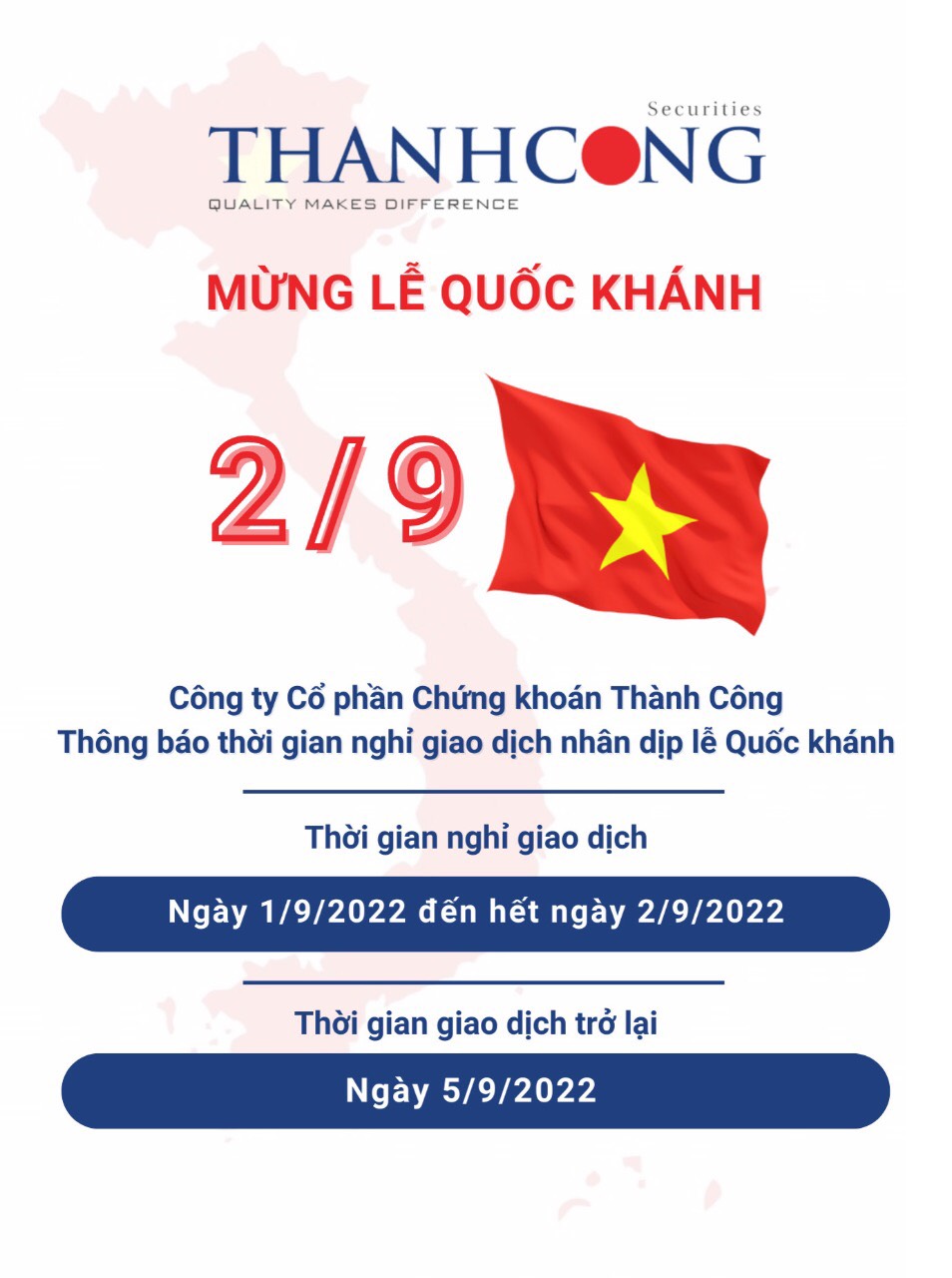 TCSC: Thông báo nghỉ Lễ Quốc khánh 2/9