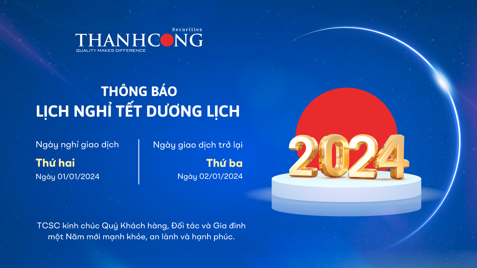 TCSC Thông báo nghỉ tết Dương lịch 2024
