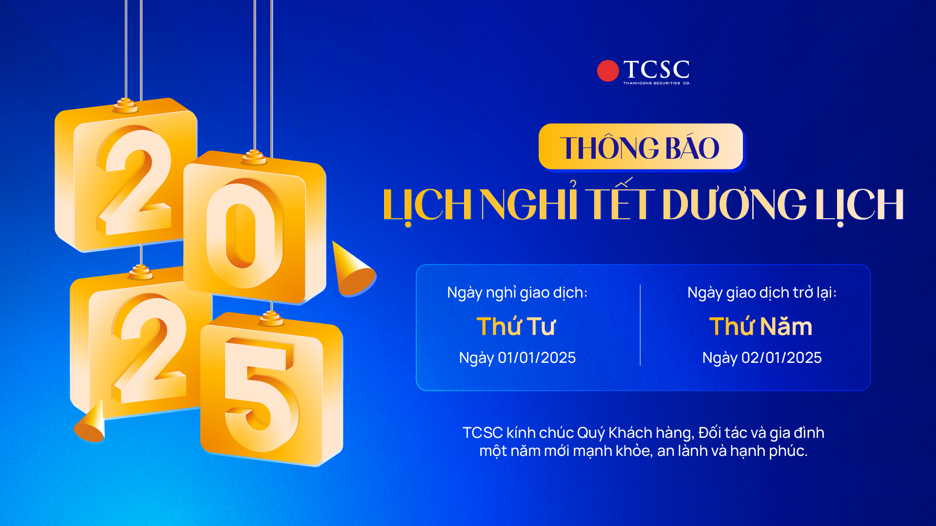Thông báo lịch nghỉ Tết Dương lịch 2025